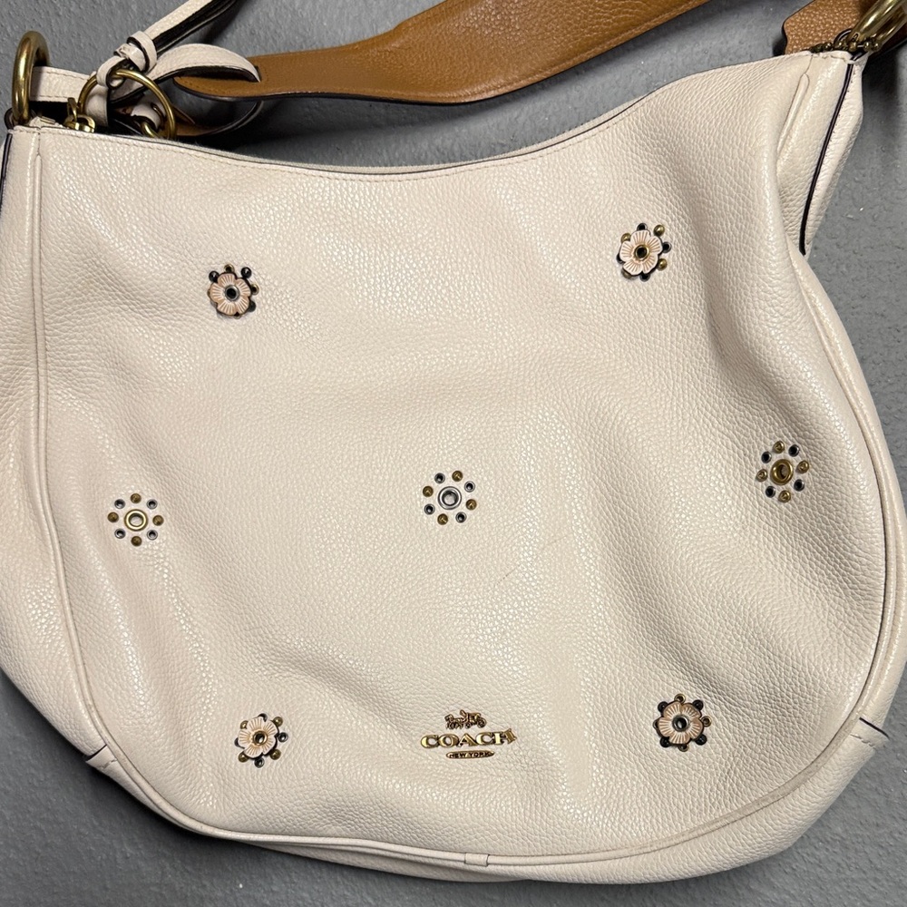 Coach Cream Leather Floral Stud Hobo with Tan Strap
